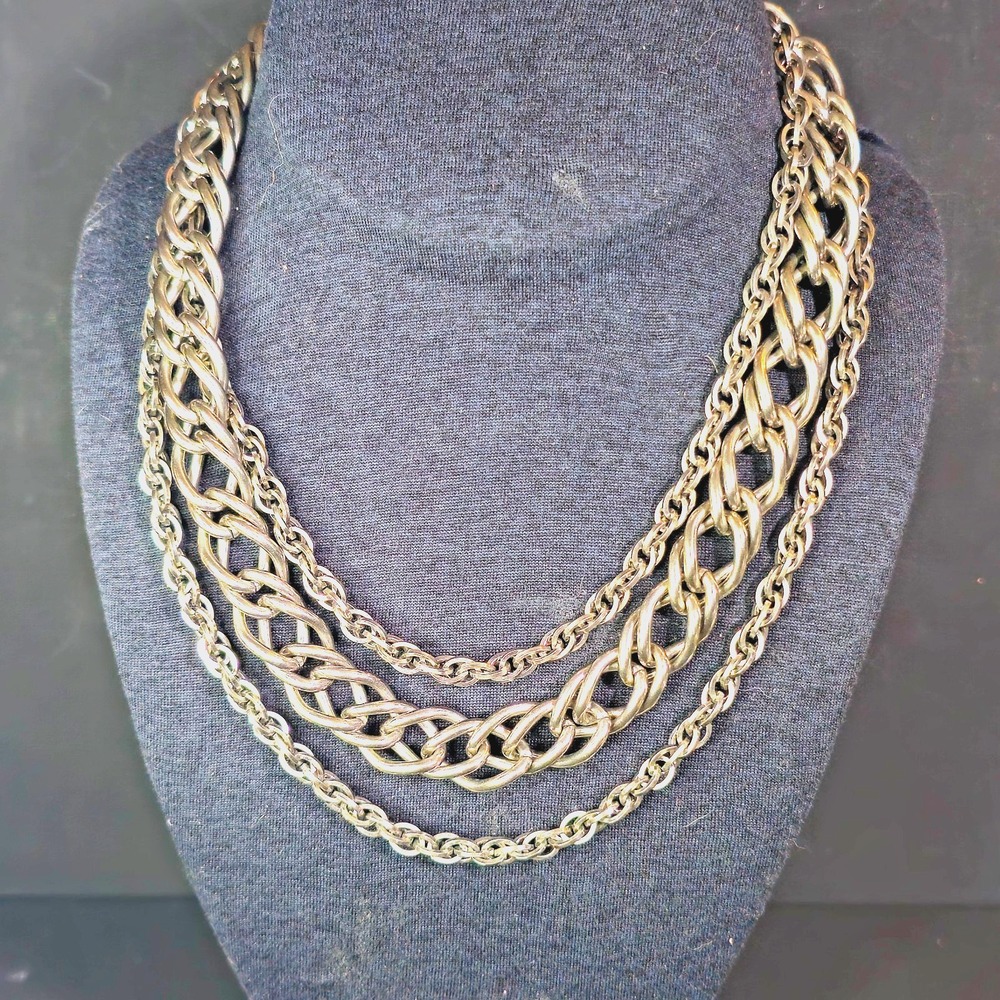 Silver Tone Multi Strand Chunky Chain Necklace Cuban Twist Link Layered